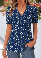 White Ditsy Floral Print Button Short Sleeve T Shirt