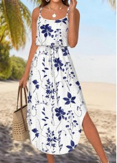 White Leaf Print Bowknot Strappy Round Neck Dress