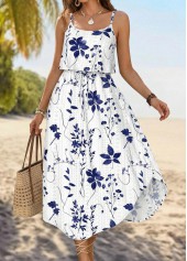 White Leaf Print Bowknot Strappy Round Neck Dress | thumb picture 