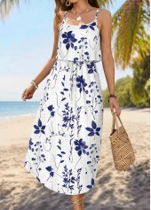 White Leaf Print Bowknot Strappy Round Neck Dress | thumb picture 