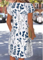 White Floral Print Short Tuck Stitch Split Neck Dress | thumb picture 