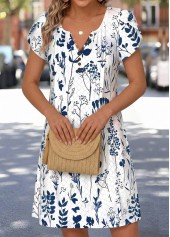 White Floral Print Short Tuck Stitch Split Neck Dress | thumb picture 