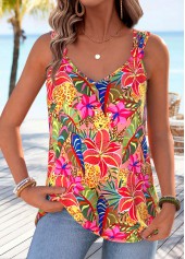 Multi Color Tropical Plants Print Tie Sleeveless Tank Top