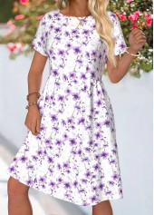 White Floral Print Shirred Short Sleeve Round Neck Dress | thumb picture 