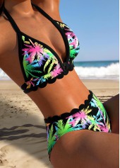 Black Mid Waisted Tropical Plants Print Bikini Set