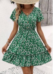 Green Ditsy Floral Print Short Curved Hem Dress | thumb picture 
