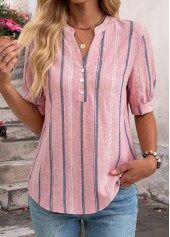 Pink Striped Patchwork Short Sleeve Split Neck Blouse