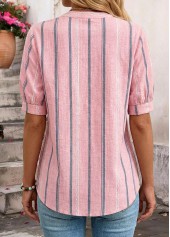 Pink Striped Patchwork Short Sleeve Split Neck Blouse | thumb picture 