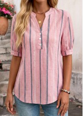 Pink Striped Patchwork Short Sleeve Split Neck Blouse | thumb picture 