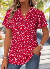 Red Heart Print Curved Hem Short Sleeve T Shirt