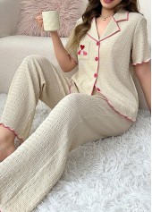 Beige Letter Print Short Sleeve Lounge Top and Pants