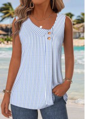 Blue Striped Patchwork Sleeveless Asymmetrical Neck Tank Top