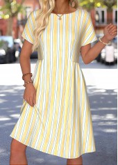 Light Yellow Striped Shirred Short Sleeve Round Neck Dress
