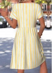 Light Yellow Striped Shirred Short Sleeve Round Neck Dress | thumb picture 