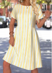 Light Yellow Striped Shirred Short Sleeve Round Neck Dress | thumb picture 