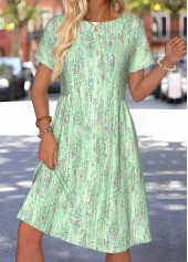 Light Green Geometric Print Shirred Short Sleeve Dress