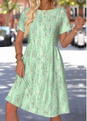 Light Green Geometric Print Shirred Short Sleeve Dress | thumb picture 