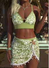 Green Mid Waisted Three-piece Floral Print Bikini Set