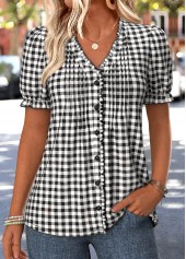 Black Plaid Tummy Coverage Short Sleeve V Neck Blouse