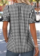 Black Plaid Tummy Coverage Short Sleeve V Neck Blouse | thumb picture 