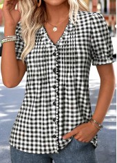 Black Plaid Tummy Coverage Short Sleeve V Neck Blouse | thumb picture 