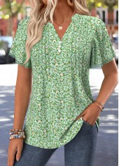 Light Green Ditsy Floral Print Lace Trim T Shirt