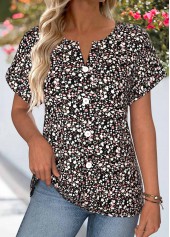 Black Ditsy Floral Print Tummy Coverage Short Sleeve Blouse