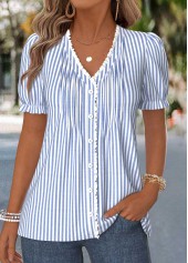Dusty Blue Striped Frill Short Sleeve T Shirt
