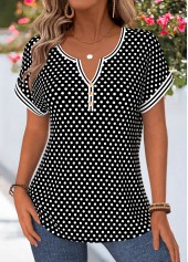 Black Polka Dot Curved Hem Short Sleeve Blouse