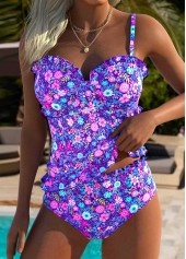Purple Mid Waisted Frill Ditsy Floral Print Tankini Set | thumb picture 