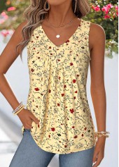 Light Yellow Floral Print Patchwork Sleeveless Tank Top