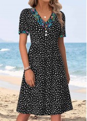 Black Polka Dot Patchwork Short Sleeve V Neck Dress