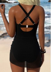 Black Drawstring Patchwork One Piece Swimdress | thumb picture 