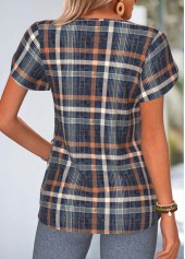 Navy Plaid Curved Hem Short Sleeve T Shirt | thumb picture 