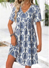 Blue Tribal Print Patchwork Short Sleeve V Neck Dress | thumb picture 
