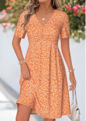 Orange Ditsy Floral Print Shirred Short Sleeve Dress