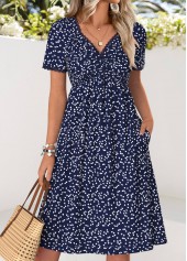 Navy Heart Print Twist Short Sleeve V Neck Dress