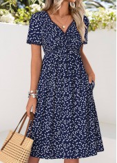 Navy Heart Print Twist Short Sleeve V Neck Dress | thumb picture 