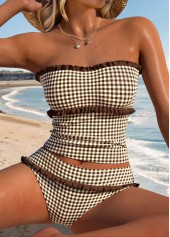 Dark Coffee Mid Waisted Frill Plaid Tankini Set