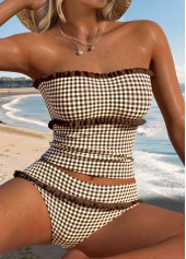 Dark Coffee Mid Waisted Frill Plaid Tankini Set | thumb picture 