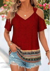 Deep Red Tribal Print Twist Short Sleeve T Shirt | thumb picture 
