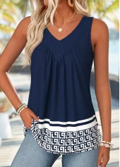 Navy Tribal Print Patchwork Sleeveless V Neck Tank Top