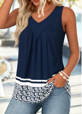 Navy Tribal Print Patchwork Sleeveless V Neck Tank Top | thumb picture 