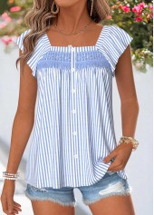 Light Blue Striped Curved Hem Short Sleeve Blouse