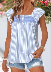 Light Blue Striped Curved Hem Short Sleeve Blouse | thumb picture 