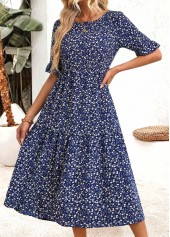 Navy Ditsy Floral Print Shirred Half Sleeve Dress