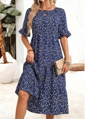 Navy Ditsy Floral Print Shirred Half Sleeve Dress | thumb picture 