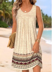 Light Camel Tribal Print Short Tummy Coverage Sleeveless Dress