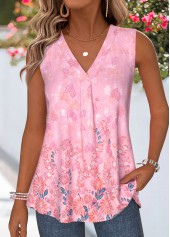 Pink Floral Print Sleeveless V Neck Tank Top