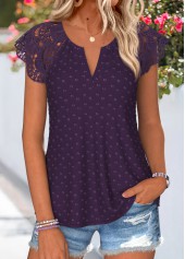 Purple Curved Hem Short Sleeve Split Neck T Shirt